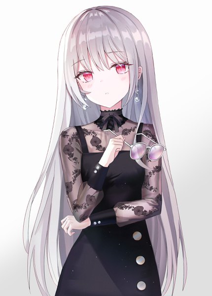 Anime picture 1794x2500 with original iren lovel single long hair tall image looking at viewer blush fringe highres black hair simple background hair between eyes red eyes standing white background holding upper body long sleeves grey hair gradient background