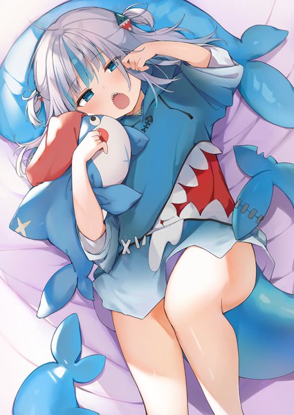 Anime picture 2507x3541 with virtual youtuber hololive hololive english gawr gura gawr gura (1st costume) bloop (gawr gura) sinnop10 single long hair tall image looking at viewer blush fringe highres open mouth blue eyes light erotic silver hair ahoge tail