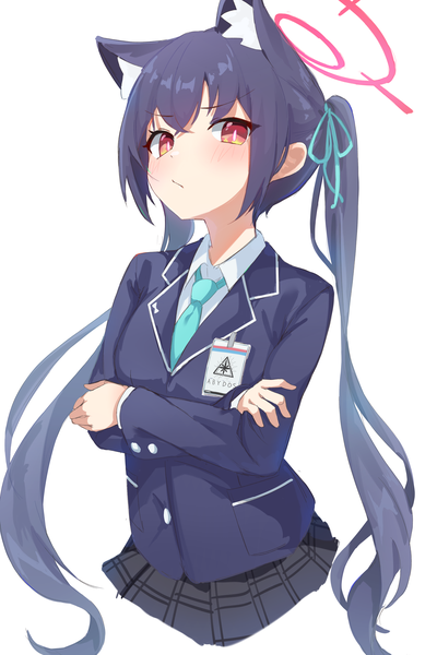 Anime-Bild 2800x4200 mit blue archive serika (blue archive) wep16night single long hair tall image looking at viewer blush highres black hair simple background red eyes white background twintails animal ears upper body crossed arms slit pupils extra ears girl
