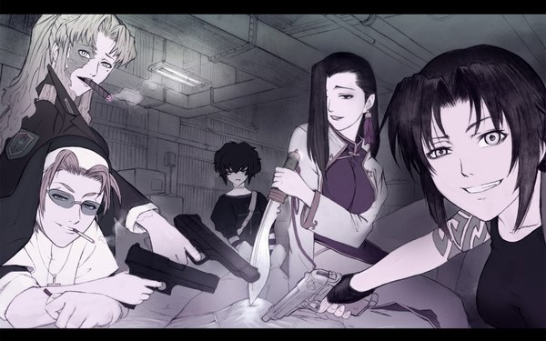 Anime picture 1920x1200 with black lagoon madhouse revy (black lagoon) balalaika (black lagoon) roberta (black lagoon) eda (black lagoon) frederica sawyer long hair looking at viewer fringe highres short hair light erotic blonde hair smile wide image multiple girls ponytail light smile lips