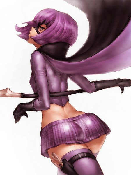 Anime picture 810x1080 with kick-ass hit-girl fumio (rsqkr) single tall image short hair light erotic simple background white background purple eyes purple hair ass profile pleated skirt looking back wide hips girl thighhighs skirt gloves