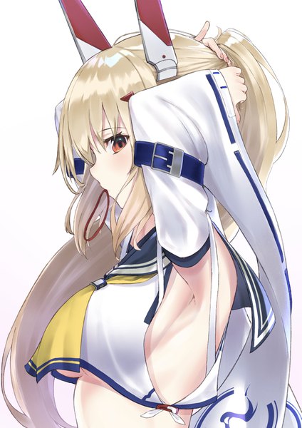 Anime picture 2605x3684 with azur lane ayanami (azur lane) takubon single long hair tall image looking at viewer blush fringe highres breasts light erotic simple background blonde hair hair between eyes large breasts white background holding brown eyes upper body