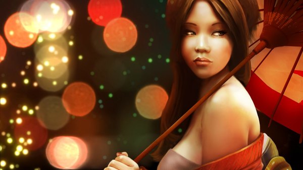 Anime picture 1600x900 with original tagme (artist) single long hair brown hair wide image bare shoulders brown eyes looking away japanese clothes lips realistic kimono umbrella
