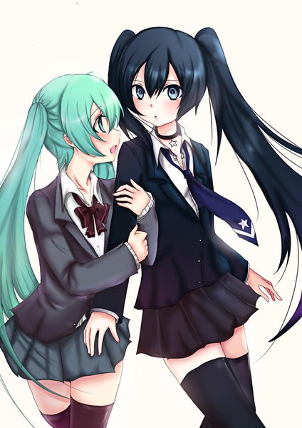 Anime picture 2480x3507 with black rock shooter vocaloid hatsune miku black rock shooter (character) ryuu (kichikutie23) long hair tall image blush fringe highres open mouth black hair simple background smile hair between eyes twintails multiple girls profile aqua eyes black eyes