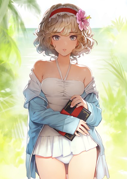 Anime picture 2865x4046 with touhou alice margatroid matsuda (matsukichi) single tall image looking at viewer fringe highres short hair breasts blue eyes light erotic blonde hair bare shoulders holding outdoors nail polish parted lips hair flower light smile