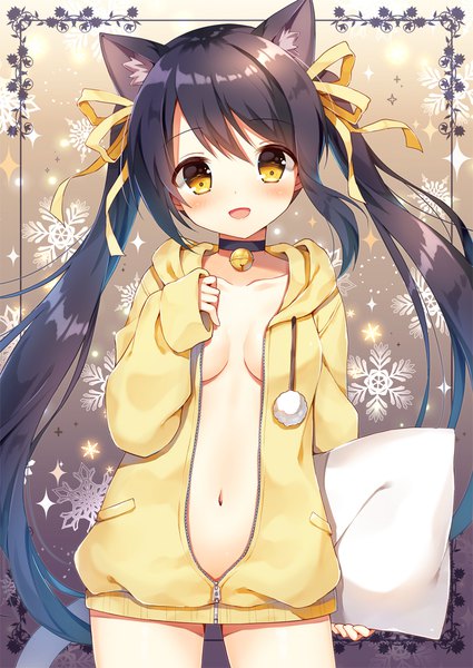 Anime picture 820x1158 with original mauve single long hair tall image looking at viewer blush fringe breasts open mouth light erotic smile hair between eyes standing twintails holding animal ears payot tail :d