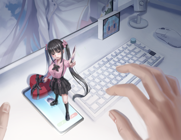 Anime-Bild 2500x1941 mit original kafkasea looking at viewer blush fringe highres black hair standing twintails holding payot full body indoors blunt bangs very long hair arm up black eyes pov :t pout