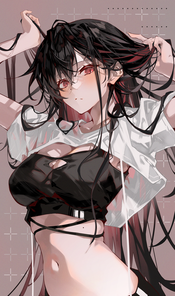 Anime picture 1476x2500 with original arutera single tall image looking at viewer blush fringe breasts black hair simple background hair between eyes large breasts upper body very long hair multicolored hair mole arms up two-tone hair short sleeves midriff