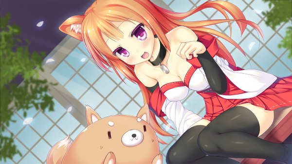 Anime picture 2400x1350 with original ochinsama single long hair looking at viewer blush highres open mouth light erotic brown hair wide image sitting purple eyes bare shoulders animal ears cleavage outdoors traditional clothes :d japanese clothes