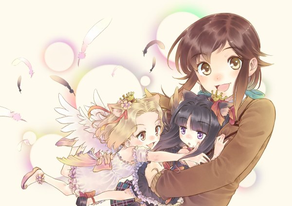 Anime picture 1200x849 with original tokada long hair blush short hair open mouth black hair blonde hair brown hair purple eyes multiple girls animal ears yellow eyes cat ears girl dress wings frills 3 girls feather (feathers)