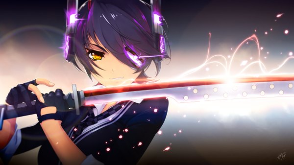 Anime picture 3000x1687 with kantai collection tenryuu light cruiser hell machina (1009056) single looking at viewer highres short hair wide image signed yellow eyes purple hair wallpaper light girl gloves weapon shirt sword black gloves necktie
