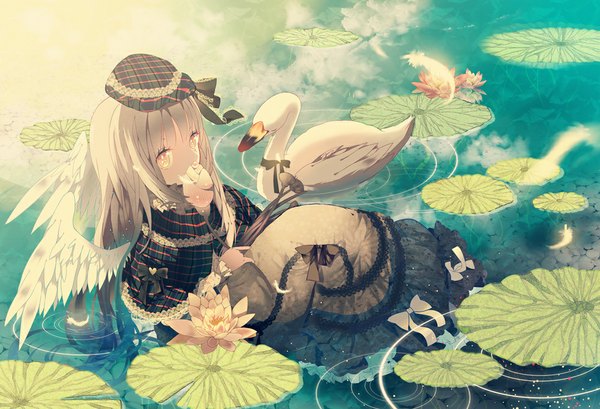Anime picture 1000x683 with original evemace long hair looking at viewer fringe yellow eyes sky silver hair cloud (clouds) partially submerged reflection angel lake girl dress flower (flowers) bow plant (plants) hat animal