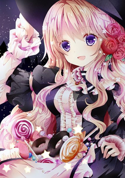 Anime picture 800x1131 with original nanase nao single long hair tall image open mouth blue eyes blonde hair hair flower halloween witch girl dress hair ornament flower (flowers) food frills sweets witch hat lollipop