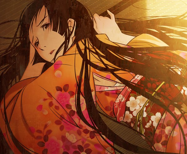 Anime picture 2000x1647 with original hino kahoru single long hair highres black hair japanese clothes looking back black eyes girl kimono