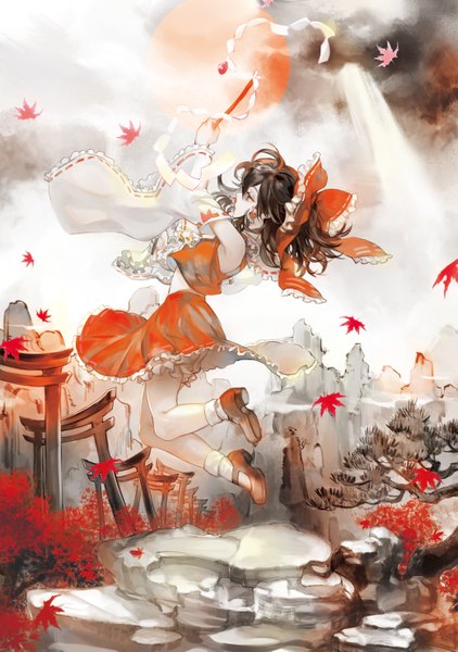 Anime picture 2079x2953 with touhou hakurei reimu noir (ibaraki) single long hair tall image highres red eyes brown hair bare shoulders looking away cloud (clouds) full body bent knee (knees) outdoors long sleeves traditional clothes profile sunlight wide sleeves