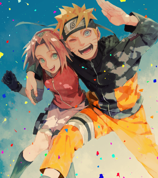 Anime picture 890x1000 with naruto studio pierrot naruto (series) uzumaki naruto haruno sakura subuta (butabutasubuta) tall image looking at viewer blush short hair open mouth blue eyes blonde hair smile green eyes pink hair sky one eye closed arm up hug