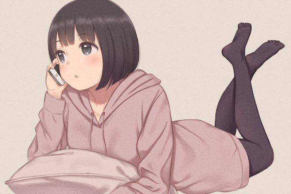 Anime picture 1500x1000 with original kyak bamboo single blush fringe short hair open mouth black hair simple background holding looking away full body bent knee (knees) lying black eyes no shoes crossed legs on stomach girl pantyhose