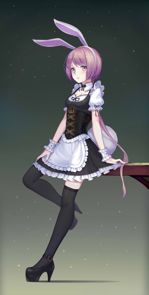 Anime picture 3400x6700 with original sonikey0 0 single tall image looking at viewer fringe highres short hair standing purple eyes animal ears absurdres purple hair full body bent knee (knees) tail short sleeves maid high heels bunny ears