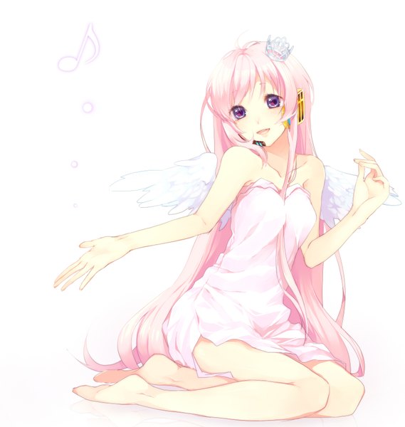 Anime picture 1677x1767 with vocaloid megurine luka aobara single long hair tall image blush open mouth simple background smile white background sitting purple eyes bare shoulders barefoot angel wings singing girl dress wings