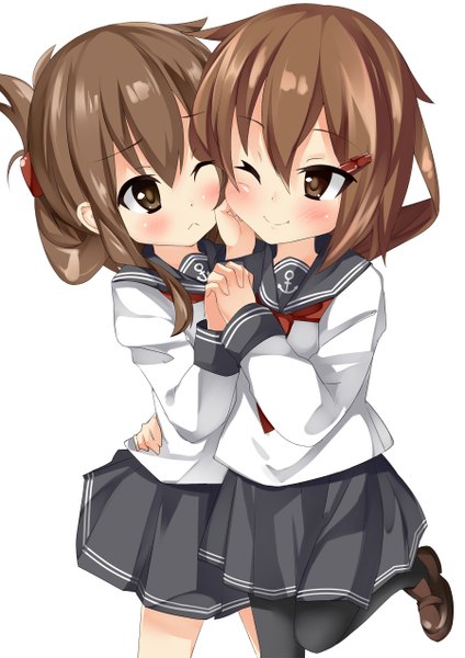 Anime picture 900x1273 with kantai collection inazuma destroyer ikazuchi destroyer su-suke (artist) tall image blush short hair smile brown hair standing white background multiple girls brown eyes eyes closed one eye closed wink couple holding hands shoujo ai face to face