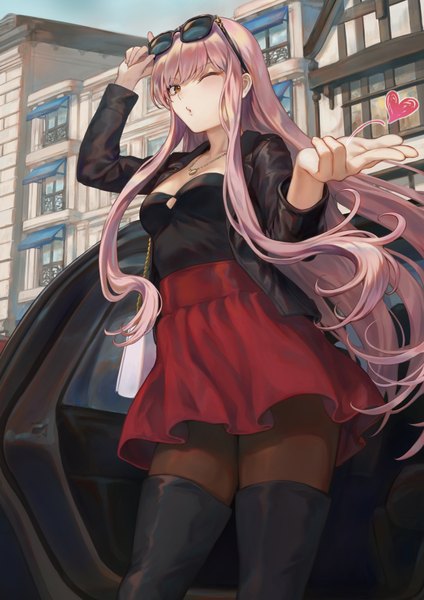 Anime picture 1302x1842 with fate (series) fate/grand order medb (fate) mashuu (neko no oyashiro) single long hair tall image blush fringe breasts standing brown eyes payot looking away pink hair sky outdoors blunt bangs one eye closed arm up