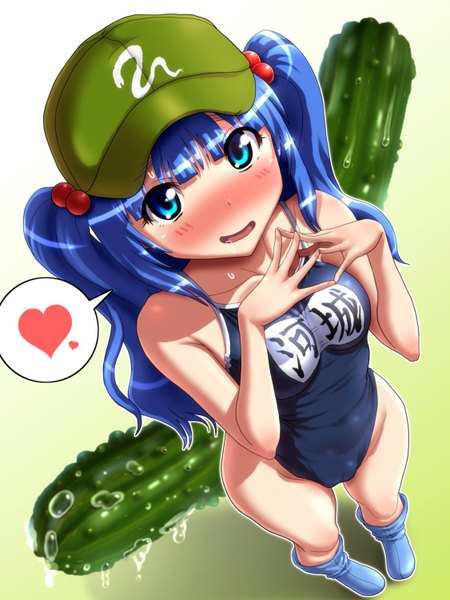 Anime picture 1125x1500 with touhou kawashiro nitori kezune (i- -i) single long hair tall image looking at viewer blush open mouth blue eyes light erotic twintails blue hair from above fingers together skin tight girl hair ornament swimsuit socks