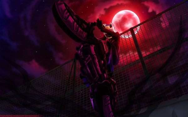 Anime picture 2560x1600 with durarara!! brains base (studio) celty sturluson highres wide image sky cloud (clouds) night red moon riding girl moon bodysuit full moon helmet motorcycle