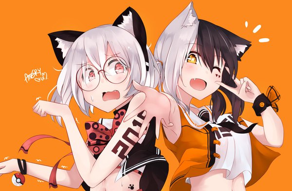Anime picture 1920x1255 with original angry num looking at viewer highres short hair open mouth simple background smile twintails multiple girls signed animal ears upper body white hair one eye closed pink eyes multicolored hair wink cat ears two-tone hair