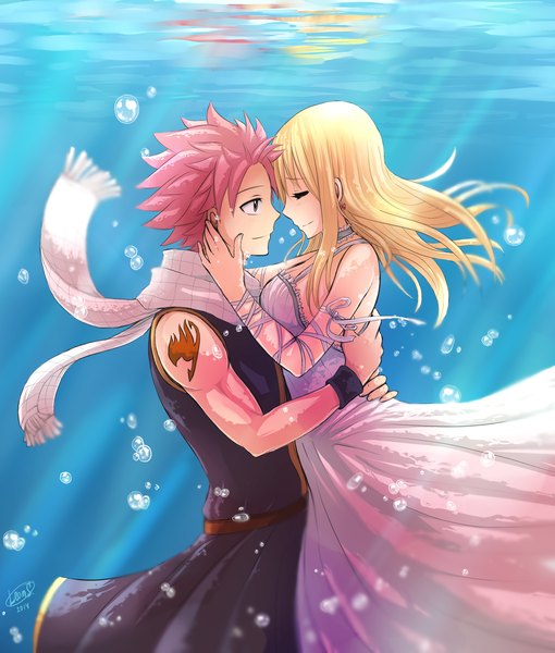 Anime picture 1719x2024 with fairy tail lucy heartfilia natsu dragneel leonstar long hair tall image highres short hair blonde hair bare shoulders signed pink hair eyes closed profile tattoo sleeveless couple hug underwater spiked hair