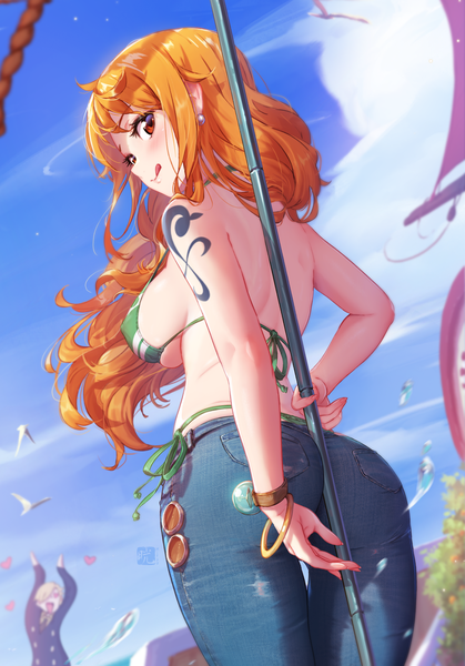Anime picture 2894x4149 with one piece toei animation nami (one piece) sanji mitsu (mitsu art) long hair tall image looking at viewer blush fringe highres short hair breasts light erotic blonde hair smile large breasts standing holding signed