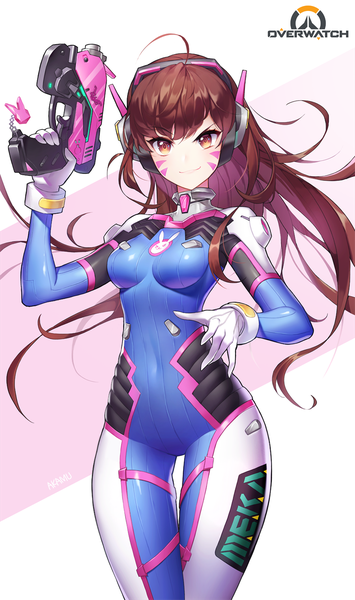 Anime picture 900x1520 with overwatch blizzard entertainment d.va (overwatch) akamu single long hair tall image looking at viewer blush fringe breasts light erotic simple background smile hair between eyes brown hair standing holding brown eyes arm up
