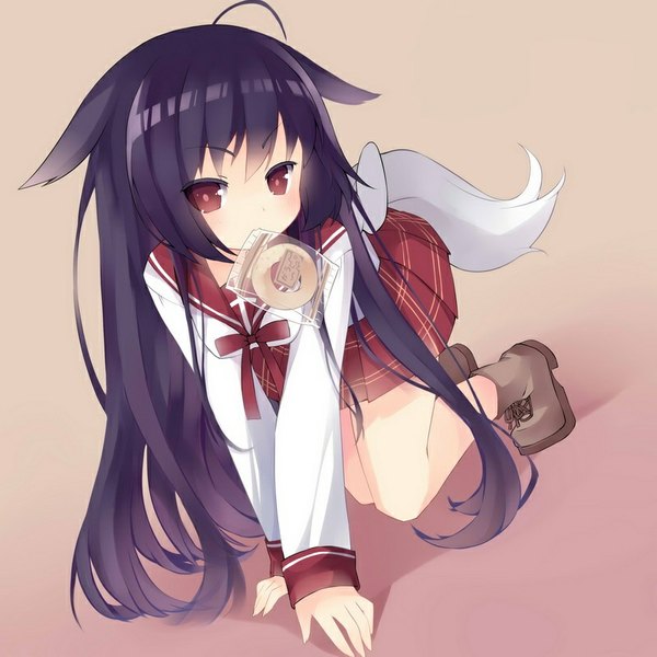Anime picture 800x800 with saru (longbb) single long hair looking at viewer fringe simple background red eyes animal ears purple hair ahoge tail animal tail cat ears girl uniform serafuku food shoes doughnut