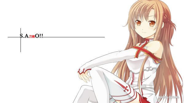 Anime picture 1920x1080 with sword art online a-1 pictures yuuki asuna long hair highres brown hair wide image white background brown eyes light smile inscription girl thighhighs detached sleeves white thighhighs cross