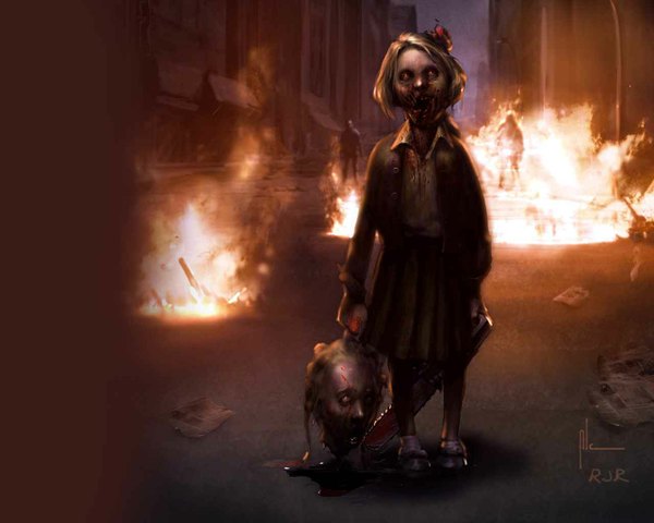 Anime picture 1280x1024 with tagme (artist) blonde hair zombie hair grab girl skirt hair ornament weapon fire newspaper chainsaw