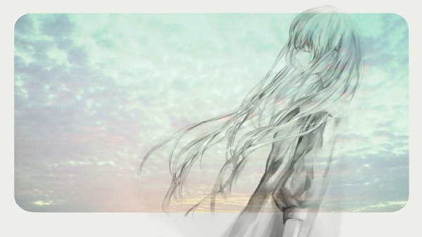 Anime picture 1000x562 with vocaloid megurine luka ebisu kana single long hair wide image sky cloud (clouds) eyes closed profile wind monochrome girl dress