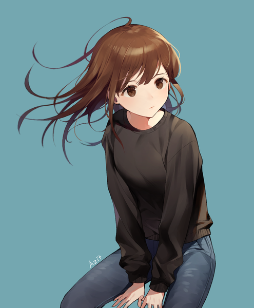 Anime picture 1118x1353 with original azit (down) single long hair tall image looking at viewer blush fringe breasts simple background hair between eyes brown hair sitting brown eyes signed long sleeves floating hair blue background between legs girl