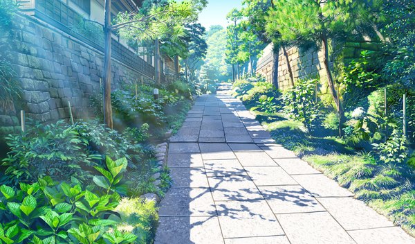 Anime picture 1360x800 with shoujo shin'iki wide image game cg shadow no people alley plant (plants) tree (trees) grass house road