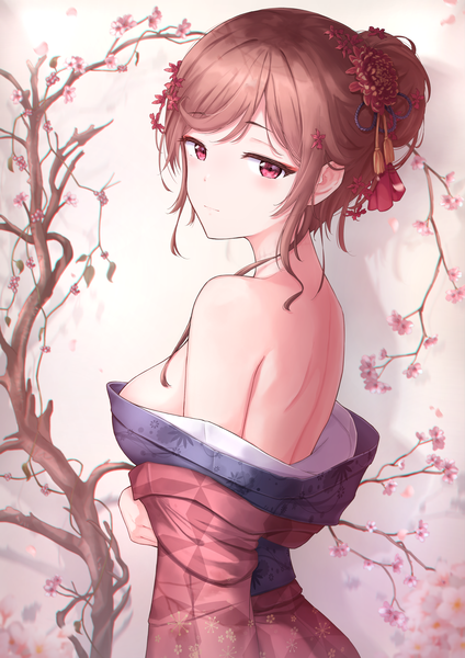 Anime picture 4961x7016 with zombie land saga mappa yuugiri (zombie land saga) marinesnow single tall image looking at viewer blush fringe highres short hair breasts light erotic red eyes brown hair large breasts standing absurdres upper body traditional clothes