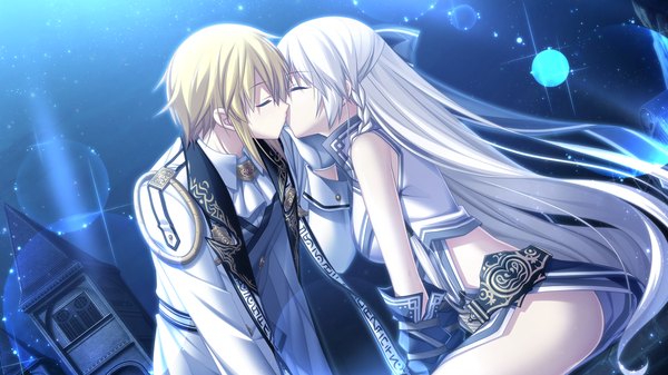Anime picture 1720x968 with kami no rhapsody eushully mistoria (kami no rhapsody) erballade hion long hair highres light erotic blonde hair wide image game cg white hair eyes closed couple kiss girl dress boy bow hair bow