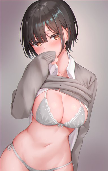 Anime picture 956x1500 with original reinama single tall image looking at viewer blush fringe short hair breasts light erotic black hair simple background hair between eyes large breasts standing brown eyes payot long sleeves head tilt embarrassed