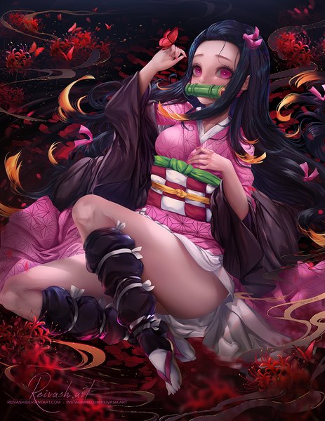 Anime picture 900x1165 with kimetsu no yaiba ufotable kamado nezuko javier estrada single tall image looking at viewer light erotic black hair sitting holding signed full body bent knee (knees) very long hair nail polish traditional clothes japanese clothes pink eyes mouth hold