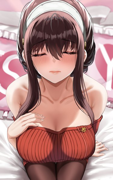 Anime picture 2500x4000 with spy x family yor briar piukute062 single long hair tall image blush fringe highres breasts light erotic black hair hair between eyes large breasts sitting bare shoulders indoors eyes closed fingernails from above