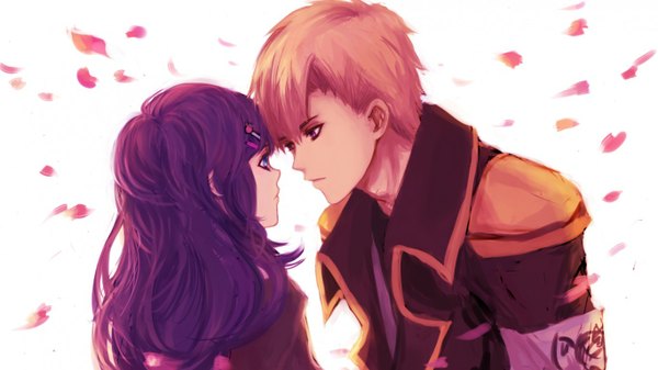 Anime picture 1366x768 with original pancake-waddle long hair short hair blue eyes blonde hair red eyes wide image white background purple hair couple face to face almost kiss girl boy hair ornament petals hairclip