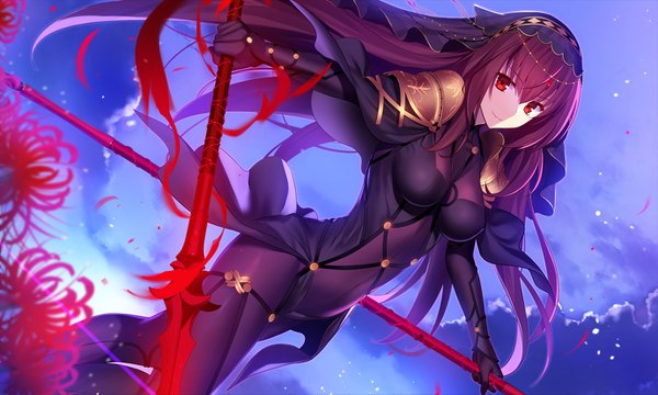 Anime picture 1378x827 with fate (series) fate/grand order scathach (fate) (all) scathach (fate) fuyuki (neigedhiver) single long hair looking at viewer breasts light erotic red eyes wide image purple hair girl flower (flowers) weapon bodysuit higanbana