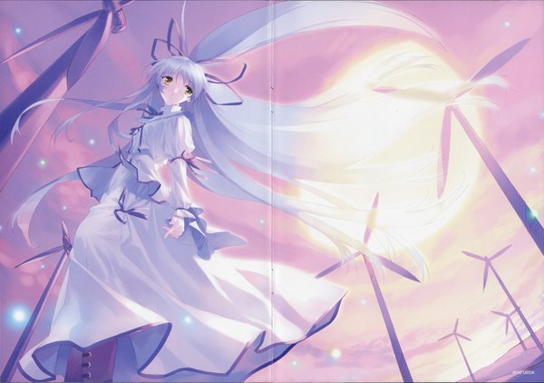 Anime picture 2325x1639 with sorairo no organ (game) kisaragi sarasa ueda ryou single long hair highres standing yellow eyes sky outdoors white hair very long hair wind scan from below crease fixme girl dress ribbon (ribbons)