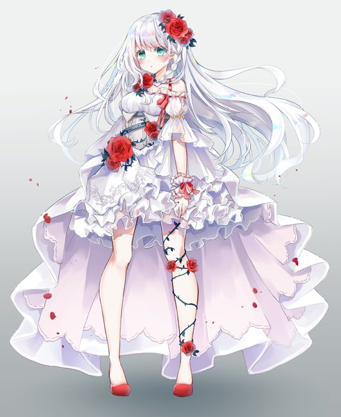 Anime-Bild 1600x1956 mit original kisaragi yuri single long hair tall image blush fringe breasts hair between eyes standing bare shoulders looking away silver hair full body braid (braids) parted lips hair flower aqua eyes grey background short sleeves