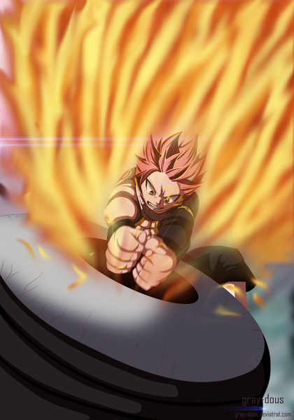 Anime picture 2500x3571 with fairy tail natsu dragneel gray-dous single tall image highres short hair brown eyes pink hair tattoo sleeveless grin coloring magic glowing glowing eye (eyes) muscle angry battle boy