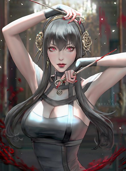 Anime picture 884x1200 with spy x family yor briar abigail diaz single long hair tall image looking at viewer blush fringe breasts blue eyes black hair hair between eyes large breasts standing holding signed upper body indoors nail polish
