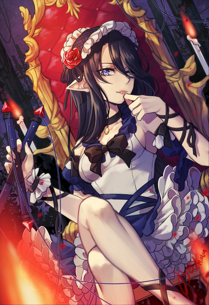 Anime picture 1000x1454 with mabinogi qbery single long hair tall image looking at viewer fringe blue eyes light erotic black hair sitting holding signed pointy ears dutch angle heterochromia crossed legs dated silver eyes hand to mouth