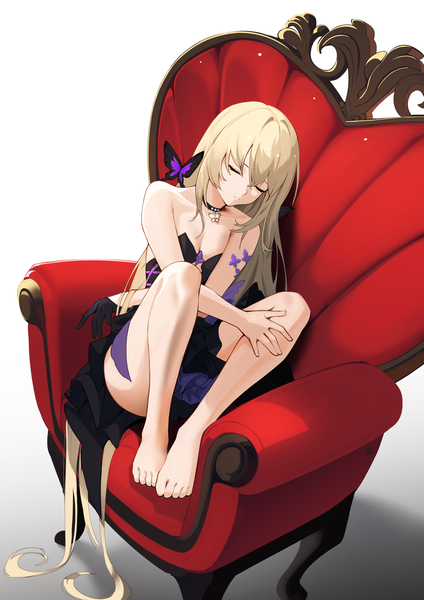Anime picture 2894x4093 with alchemy stars areia (alchemy stars) ett single tall image fringe highres light erotic simple background blonde hair white background sitting payot full body bent knee (knees) eyes closed very long hair parted lips head tilt barefoot
